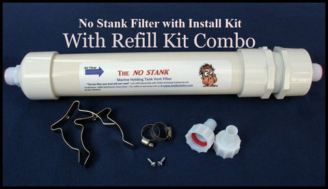 Marine Holding Tank Vent Filter with Install Kit & Refill / Recharge Kit Combo